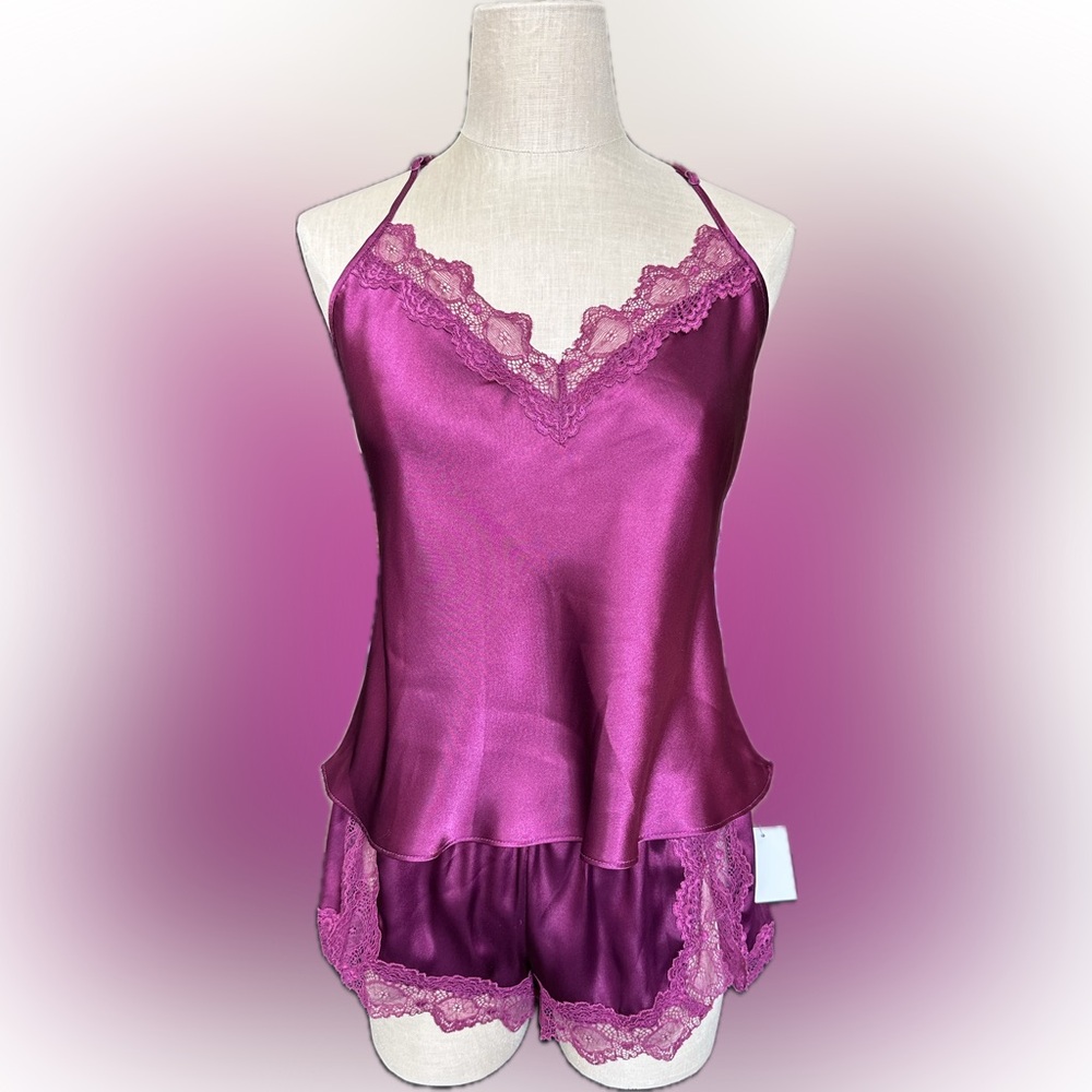 NWT Plum Satin & Lace Trim Cami & Short Set